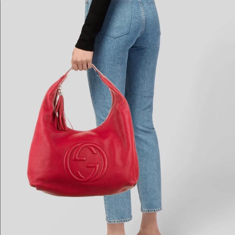 Red Leather Hobo Bag with Signature Embossed Logo - Picture 2 of 14